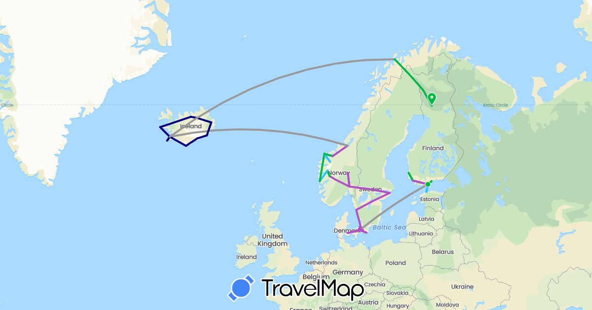TravelMap itinerary: driving, bus, plane, train, boat in Denmark, Estonia, Finland, Iceland, Norway, Sweden (Europe)